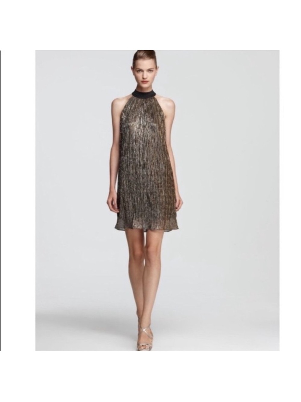 Laundry By Shelli Segal Black and Metallic Pleated Dress with Bow Size 10